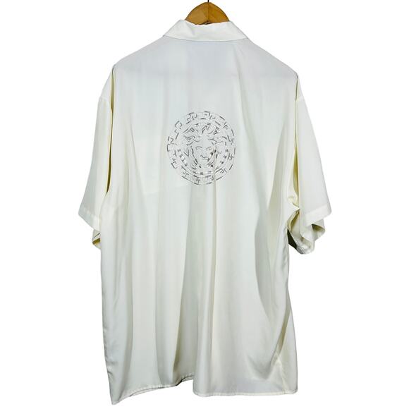 Button Up Shirt Greek Goddess Medusa Embossed Short Sleeve Ivory Resort Casual L - Picture 2 of 9